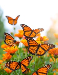 Monarch butterflies on flowers in a garden