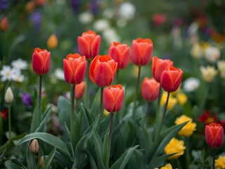 Obraz premium Blossoming Radiance. A Symphony of Scarlet Tulips in a Tranquil Garden Setting.