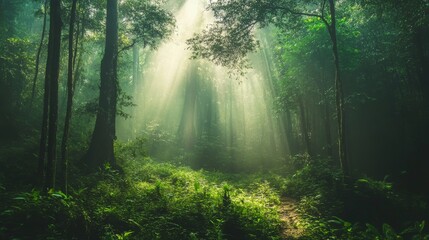 Fototapeta premium Sun rays through the trees in a misty green forest.