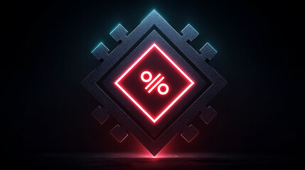 Futuristic neon glowing percent icon inside digital chip abstract business finance background