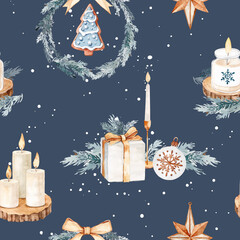 Watercolor Christmas Seamless Pattern with Candles and Ornaments
