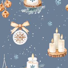 Watercolor Christmas Seamless Pattern with Candles and Ornaments