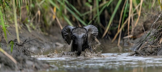 Adorable baby elephant joyfully splashing in a muddy watering hole, embracing nature s fun