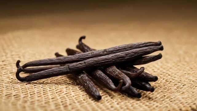 Closeup of vanilla beans arranged on textured burlap surface