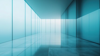 Modern glass room interior with light blue background and bright reflections on floor and walls, abstract architectural illustration with space for text or design