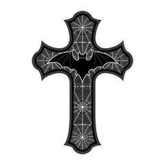 Gothic Cross with Bat and Cobwebs for Halloween Design