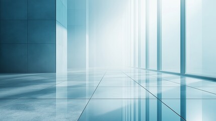 Obraz premium Modern minimalist interior with large glass windows and light blue tile flooring, gradient background creating clean fresh atmosphere for architectural presentations or advertising
