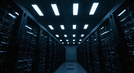 Data Fortress Blue Servers Stand Guard in a Tech Warehouse.