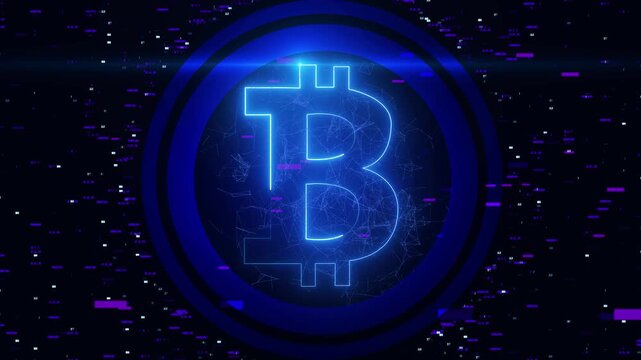 Futuristic blue with glowing Bitcoin symbo, representing cryptocurrency, blockchain, and digital finance.