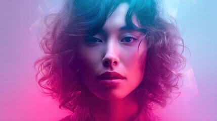 This artistic portrait showcases a young Asian woman with striking pink and blue neon lighting.