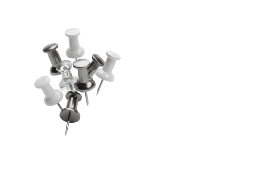 Metallic, clear, white, grey pushpins dynamically arranged on transparent, soft studio light, negative space, concept of strategic problem-solving