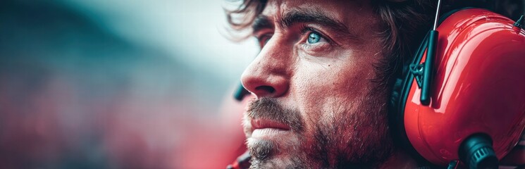 Obraz premium A focused man with striking blue eyes, wearing bright red earmuffs, is looking thoughtfully.