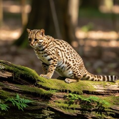 Striking Leopard Cat Perched on a Mossy Log in a Serene Forest Setting