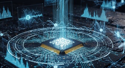 Futuristic microchip circuit with graphical interfaces for data processing
