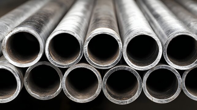 Close-up view of metallic pipes arranged in a parallel formation, showcasing their texture and structure