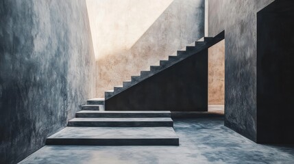 Minimalist concrete staircase interior with natural light. Modern home design, architectural photography.