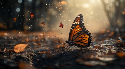 Obraz premium Monarch butterfly resting on a wet rock in a forest