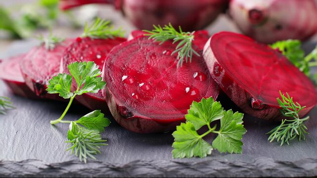 Fresh sliced beets with parsley arrangement showcasing vibrant colors in culinary presentation
