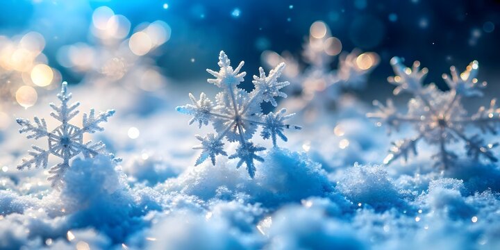Photo of intricate snowflakes resting on a soft blanket of snow, illuminated by soft light, showcasing the delicate beauty and unique patterns of winter crystals