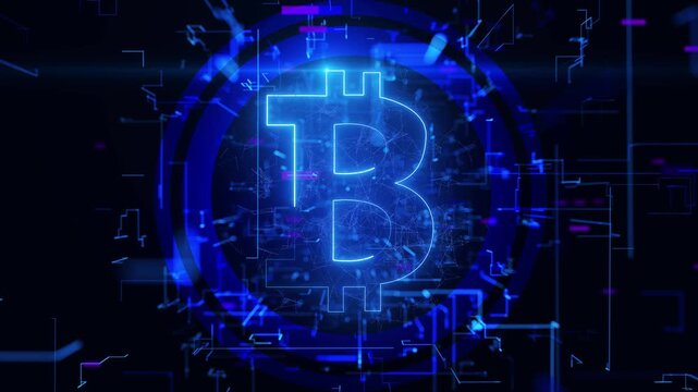 Futuristic blue with glowing Bitcoin symbo, representing cryptocurrency, blockchain, and digital finance.