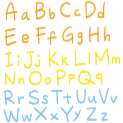 Hand-drawn alphabet A–Z with uppercase and lowercase – colorful kids font clip art