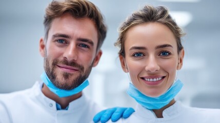 Two smiling healthcare professionals pose together, wearing protective masks.