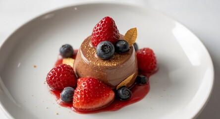 Delicious Chocolate Panna Cotta Dessert Topped with Fresh Berries and Gold Leaf.