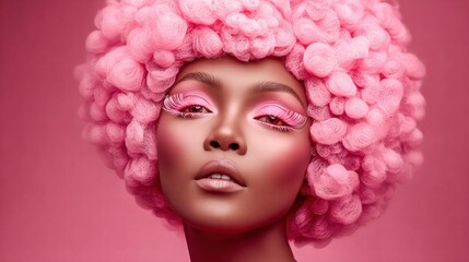 Naklejka premium A glamorous woman showcases bold pink makeup and an extraordinary pink hairstyle