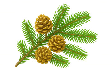 Spruce branch adorned with golden pine cones, highlighting seasonal winter holiday aesthetic against clean transparent background