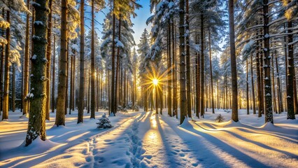 Photo of sunlight filtering through a snowcovered forest, casting long shadows on a path with footprints, creating a serene and magical winter scene