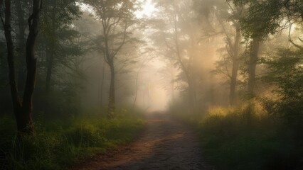 Obraz premium Misty forest path at dawn