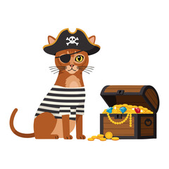 Abyssinian Cat Pirate Illustration with Treasure Chest Vector Art