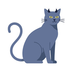 Minimalist Russian Blue Cat Vector with Devil Horns and Curled Tail