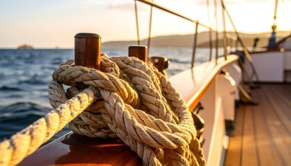A close-up view of nautical ropes tied around wooden posts on a sailing vessel, showcasing the warm glow of a sunset over the water.