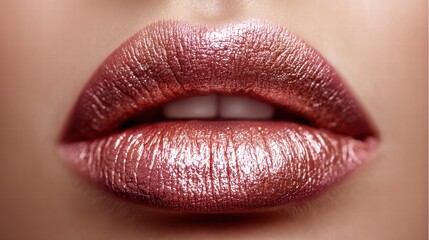 Fototapeta premium Stunning close-up of a woman's lips, showcasing metallic rose lipstick.