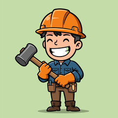 Cheerful cartoon construction worker holding a sledgehammer, ready for action.
