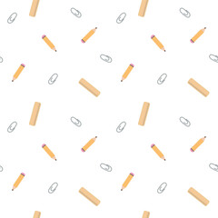 Clean seamless pattern with pencils and paper clips on white background. Perfect for school-themed designs, printables, and learning materials.
