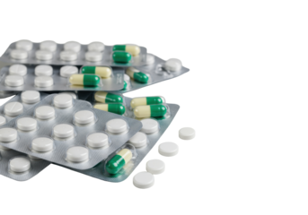 Blister packs, white pills, green/white capsules, artfully arranged on transparent background, soft studio light, deep depth of field. Concept of medical precision