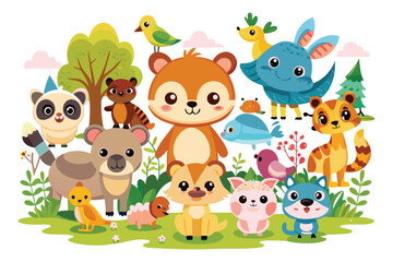 Naklejka premium Assortment of Cute Cartoon Animals and Forest Elements in a Lively Scene cute animals animal assortment