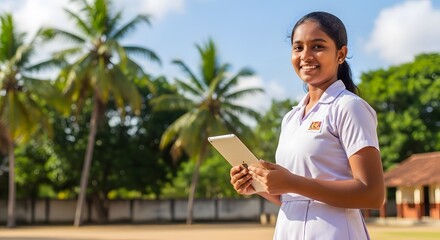 Young Sri Lankan girl student smiling holding digital tablet Education Technology Learning Student Future Digital Outdoor Happy