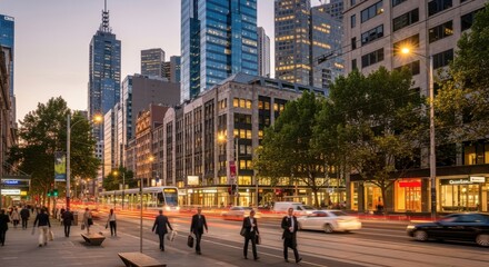 Obraz premium Cityscape at dusk with pedestrian crossing and tram lights in motion blur