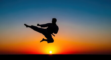 Silhouette of a martial artist performing a dynamic flying kick at sunset captured in this powerful action photography