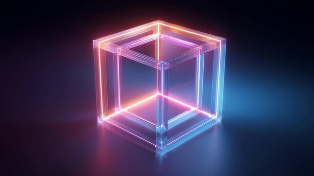 Futuristic Transparent Box with Neon Glowing Lights in Dark Space