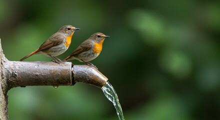 Birds Drinking from Flowing Water Spout in a Lush Green Backyard Scene