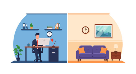 Professional man working from home in modern office with living space, balancing work and life elegantly