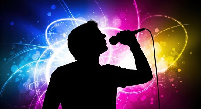 Energetic silhouette of a person singing into a microphone with vibrant abstract light effects
