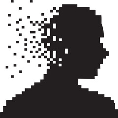 Fototapeta premium Digital disintegration concept featuring a pixelated head silhouette representing memory loss or identity crisis