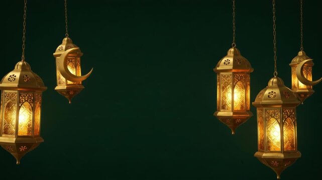 Golden lanterns with crescent moons dangle against a deep emerald background