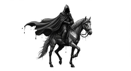 Fototapeta premium Mysterious Hooded Rider on Horse Abstract Dripping Line Art in Monochrome on White Background