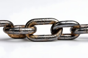Fototapeta premium Close-up view of a weathered metal chain link showcasing rust and wear against a clean background